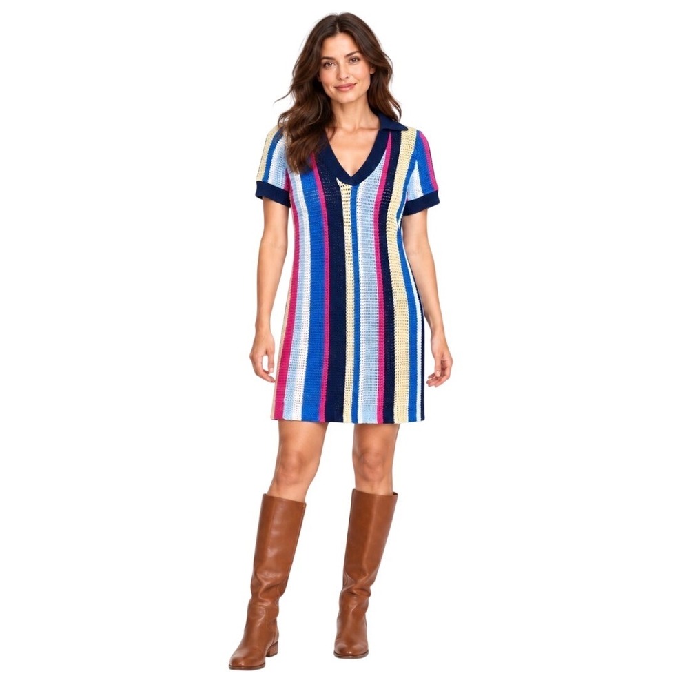 Maeve Anthropologie Multi Stripe Knit Polo Mini Dress Blue Pink S OB2596163